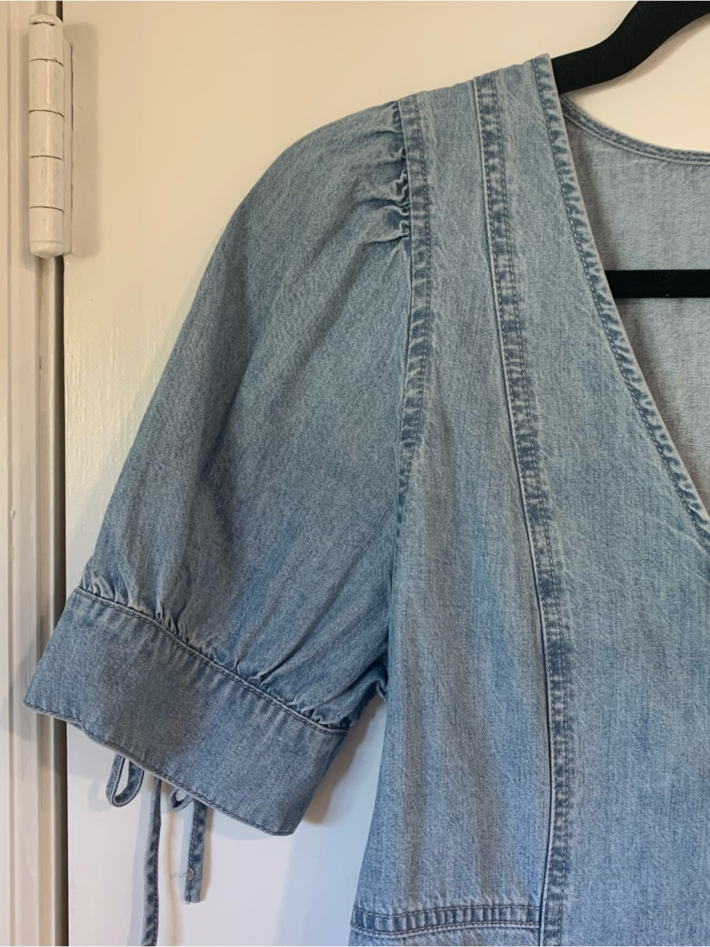 Madewell Button Front V Neck Denim Mini Dress Tie Sleeves Size 6 - Picture 3 of 10